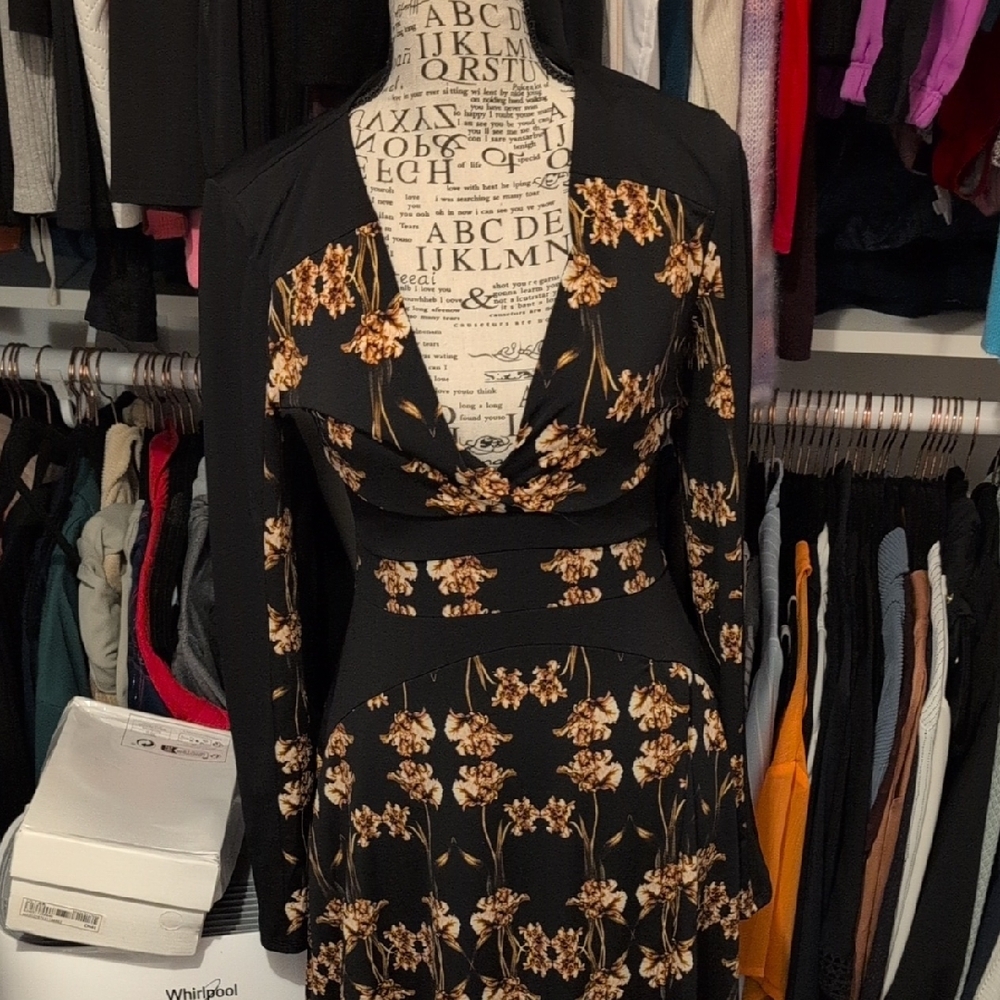 BCBGMaxAzria Black and Gold Floral Long Sleeve Dress